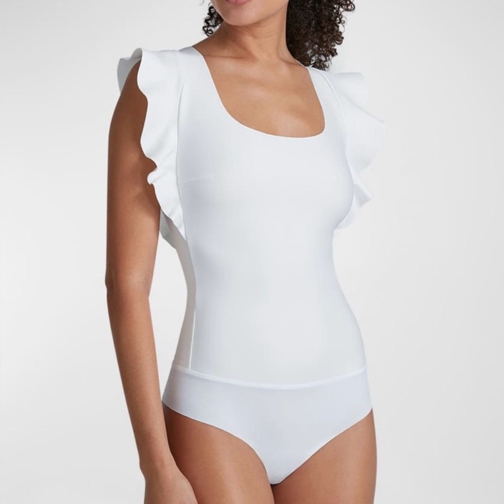 Commando Neoprene Square Neck Ruffle Bodysuit White Size XS